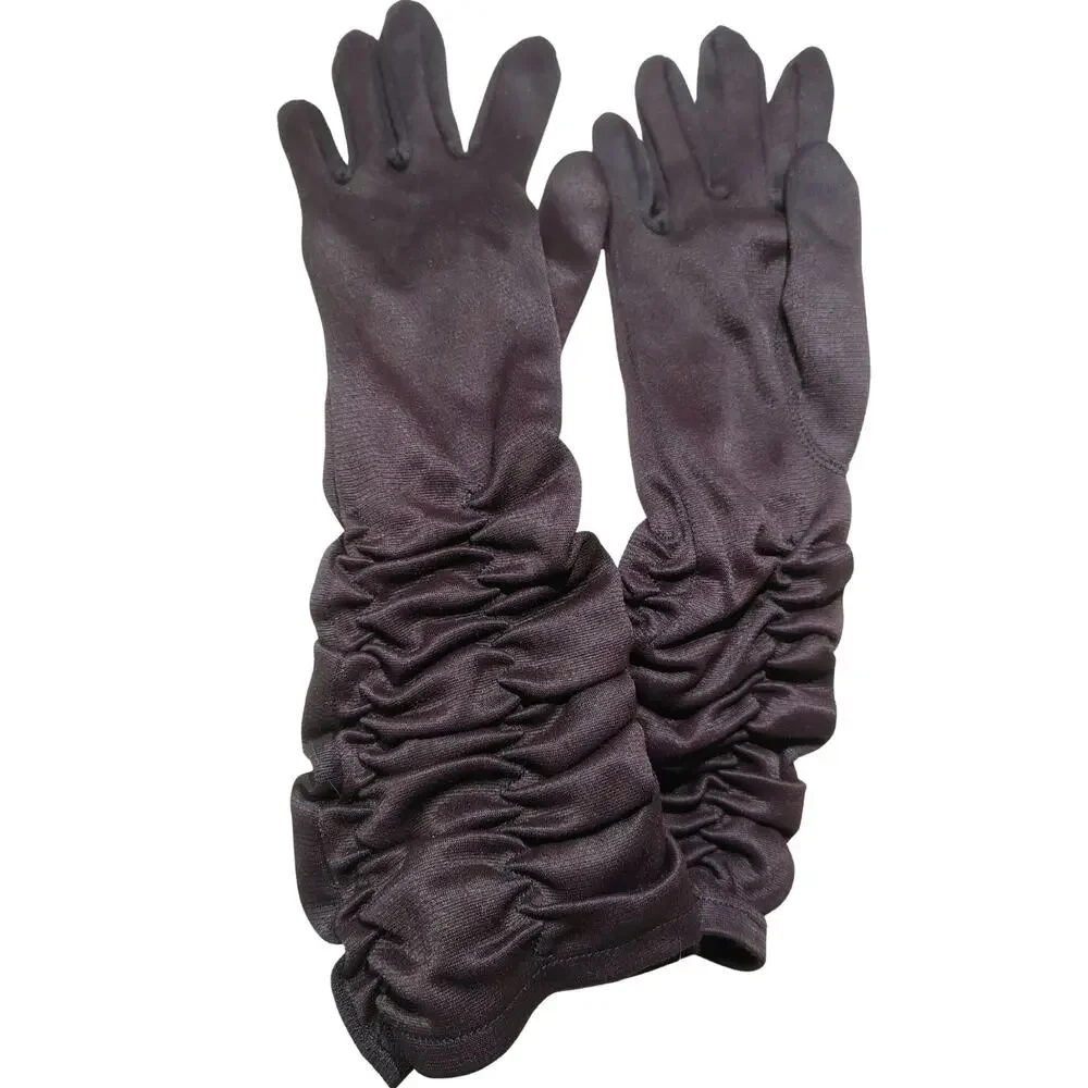 50s Brown Ruched Mid-Length Bracelet-Length Evening Gloves Stretch Nylon Size S